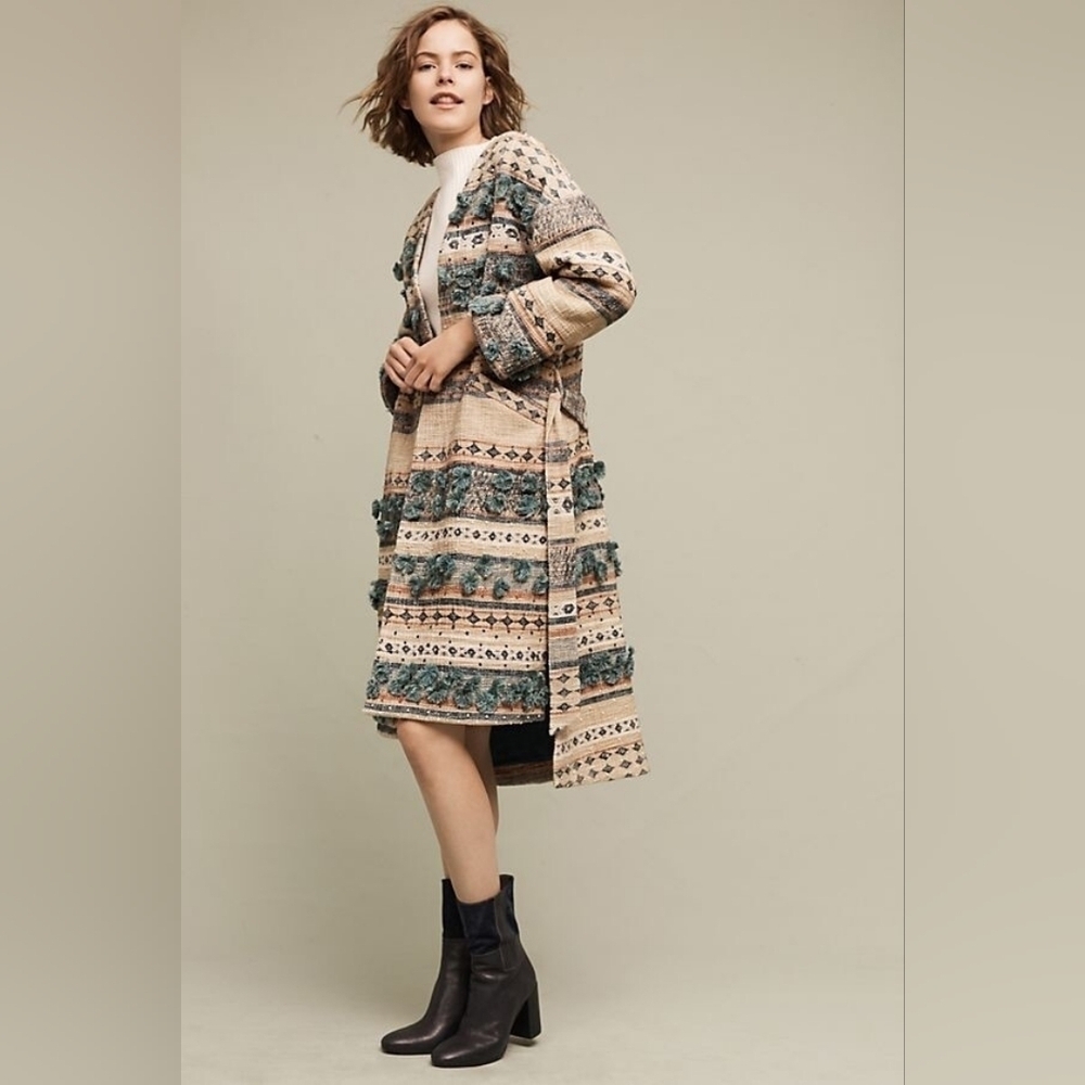 Anthropologie Textured Tassel Coat Tryb Hand Knitted Detailing 100% Cotton S